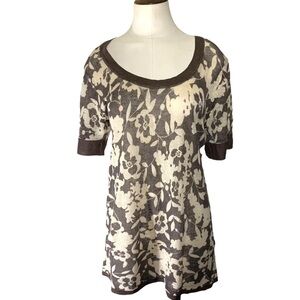 𝅺alexandra Bartlett Earth Tone Floral 100 % Linen Knit Shirt Short Sleeves L